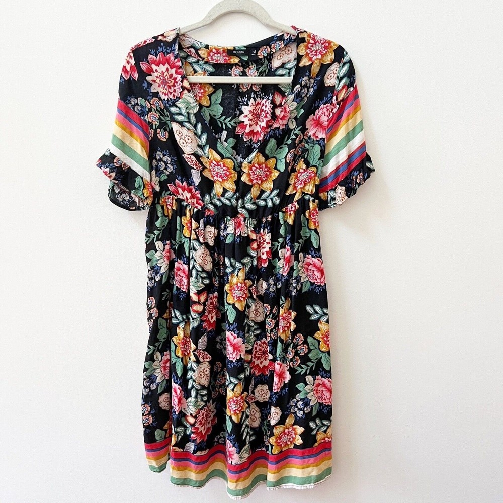 Reborn Womens Black Rainbow Floral Babydoll Dress L/XL Short Sleeve *Read